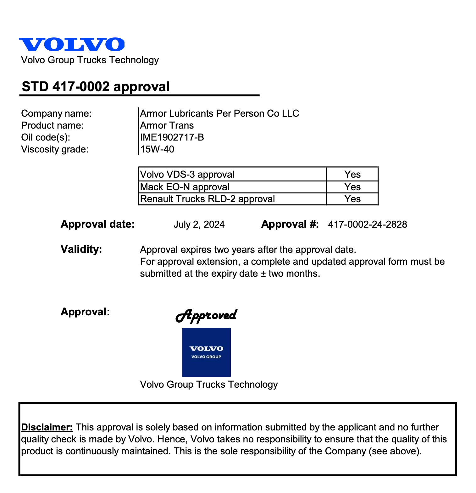 Armor Volvo OEM Approved Lubricants Manufacturer for 15W-40 Diesel Engine Oil