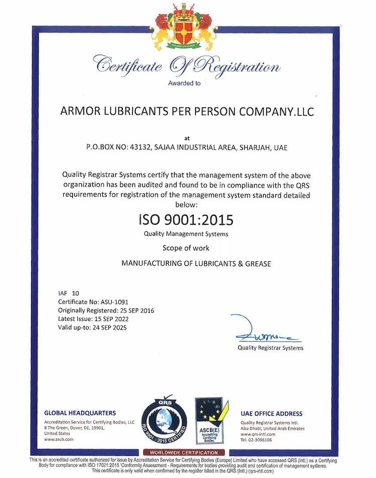 Armor Lubricants Certificate of Registration ISO 9001:2015 for International Quality Standard Practices.