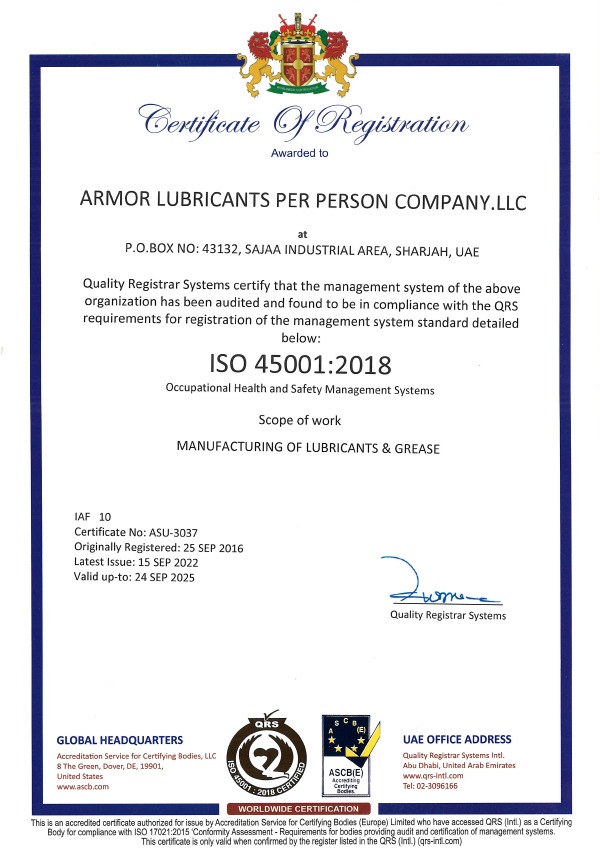 Armor Lubricants Awarded ISO 45001:2018 Certificate for Occupational Health and Safety Management System